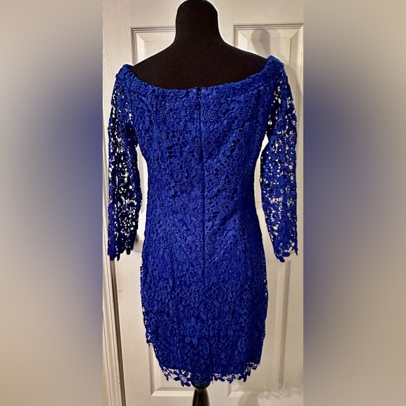 Bebe Dress Off Shoulder Crochet Lace 3/4 Sleeve Cobalt Blue Dress Sz 12 - Picture 4 of 7